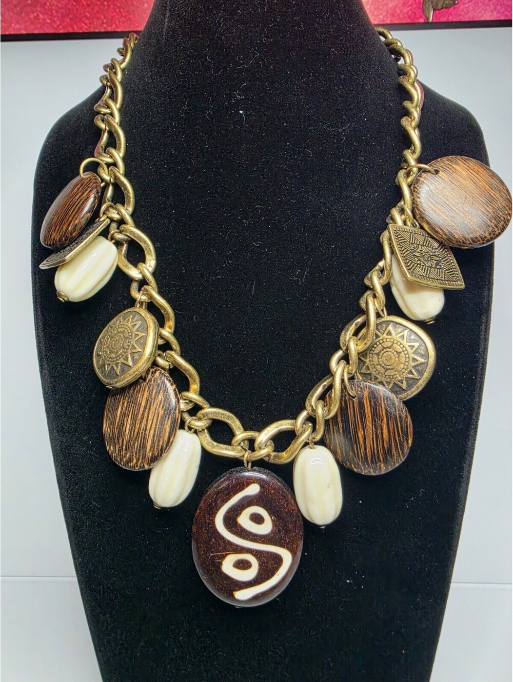 Chunky Gold Tone Multi Charm Wood Brass Tone Statement Necklace 18"